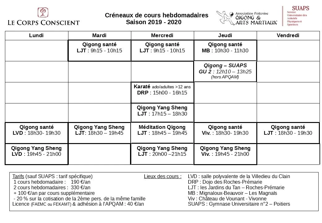 Planning des cours hebdomadaires 2019-2020