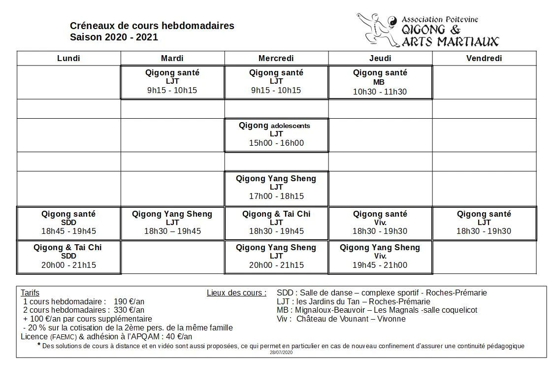 Cours hebdomadaires