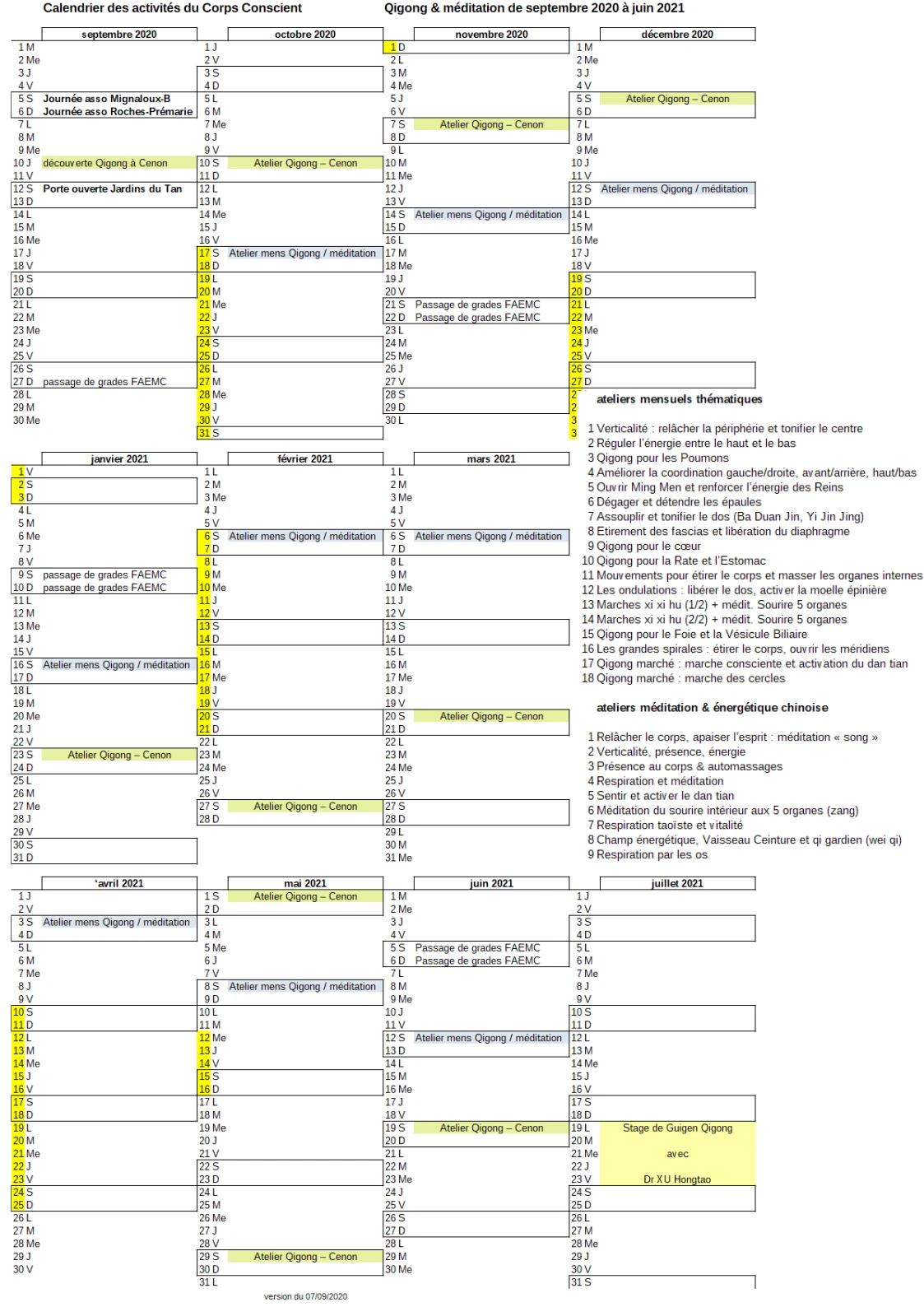Calendrier des ateliers Qigong &amp; méditation - sept 2020 - juillet 2021
